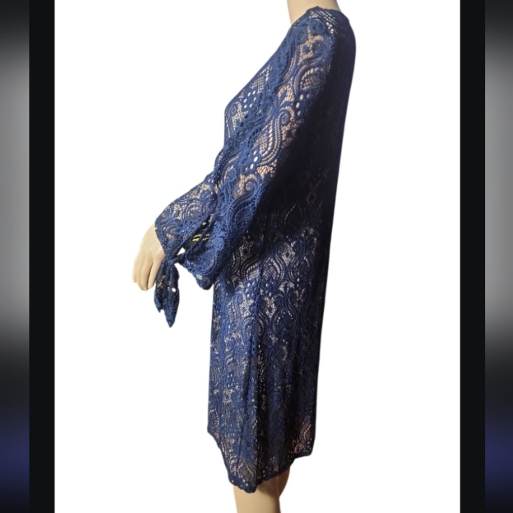 Tacera  dress size large. Elegant Navy Lace Dress Lined - Picture 2 of 7